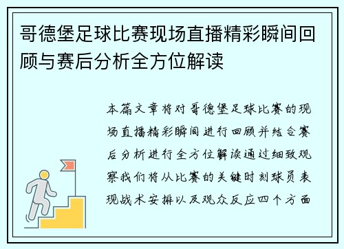 哥德堡足球比赛现场直播精彩瞬间回顾与赛后分析全方位解读